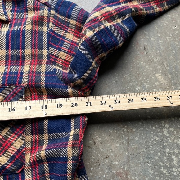 VTG 70s BIG MIKE Vintage Plaid Flannel Shirt Men Made in USA Red Blue Tan L - Picture 6 of 8